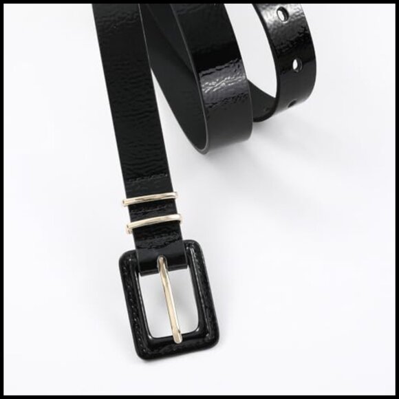 Patent Leather Belt with Square Buckle Gold Accents Adjustable Waist main image 3